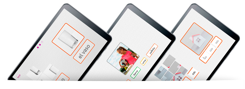 Imagen de tres tablets con la app para aprender a leer "Yo también leo" instalada
