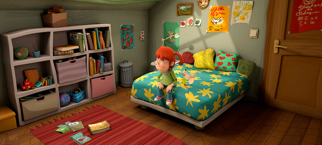 Valentina, una niña con síndrome de Down está sentada en su cama pensativa.
