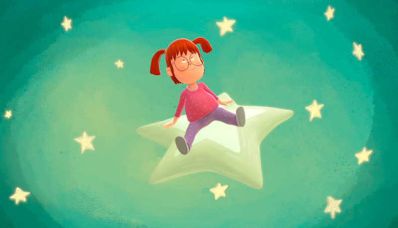 Imagen ilustrada de una niña con síndrome de Down sentada sobre una estrella.