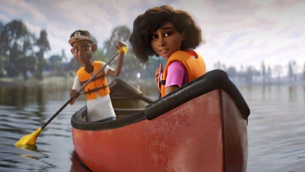 Fotograma de "Una vuelta" en el que aparecen los protagonistas en una canoa